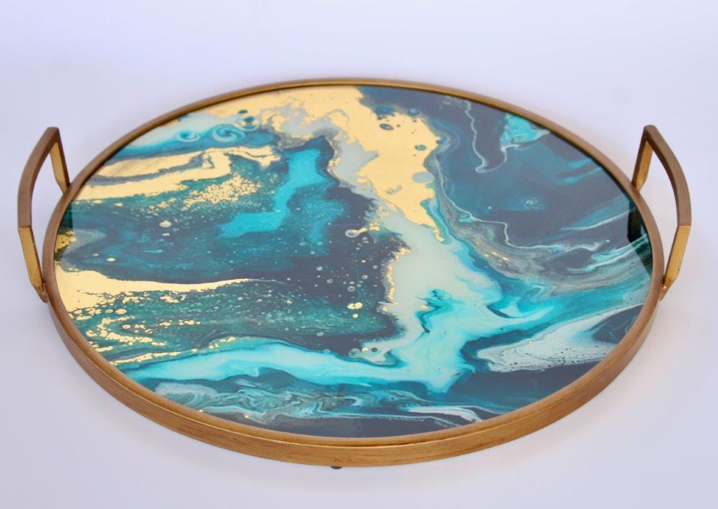 Round Blue Marbled Tray With Metal Handles